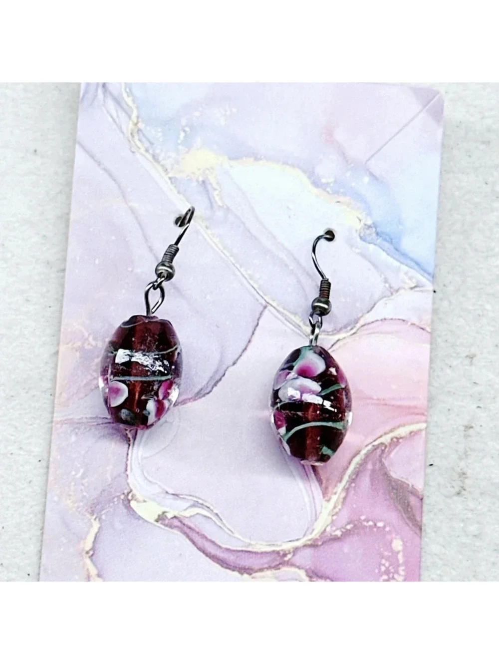 3016u. Purple Flower Earrings Glass